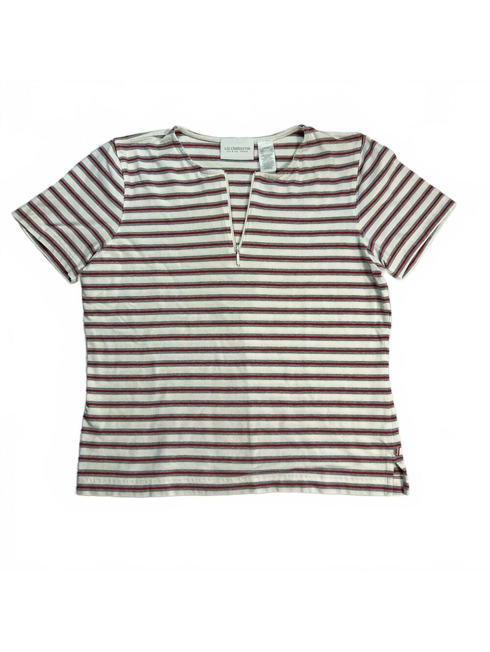 Liz Claiborne Striped V-Neck Short Sleeve Top Red & White Size PS Preppy Coastal